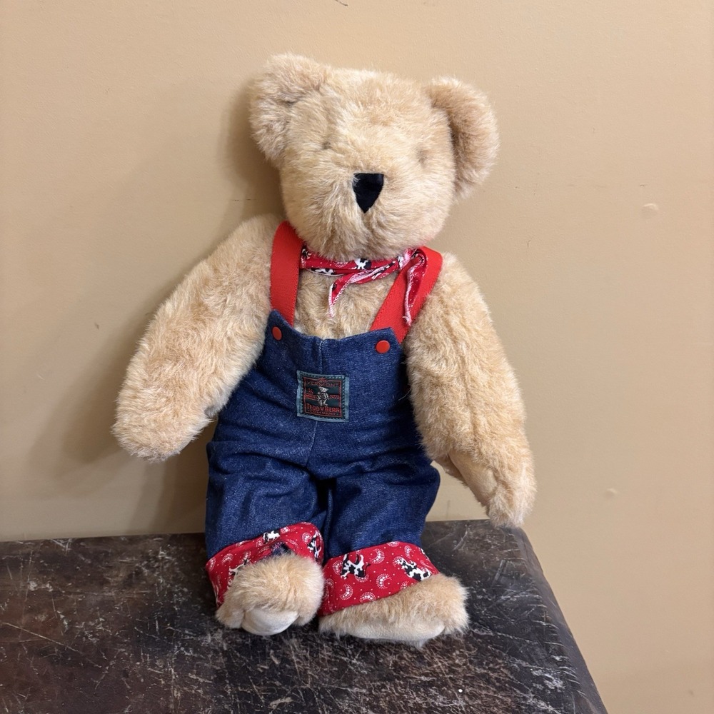 Vermont‎ Teddy Bear Company 1992 18" Plush Bear Denim Overalls Bandana USA